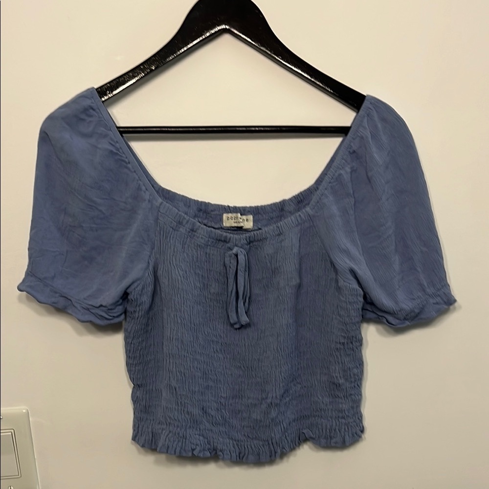 Paper Crane Blue Smocked Puff Sleeve Crop Top - Size M